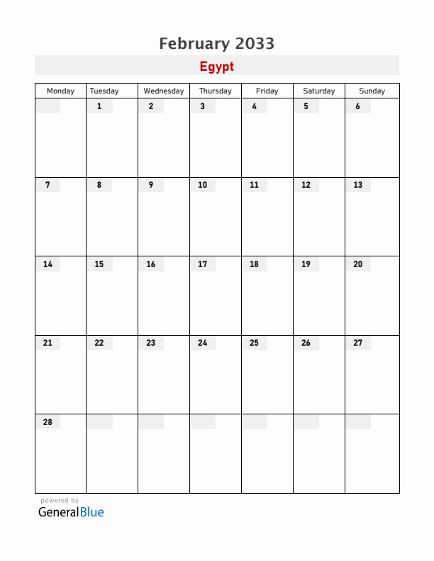 Egypt February 2033 Calendar with Holidays