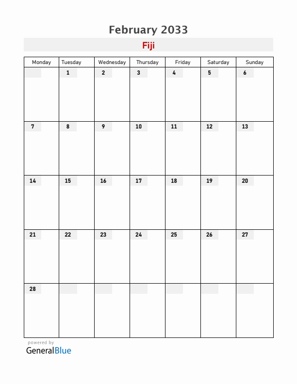 Fiji February 2033 Calendar with Holidays