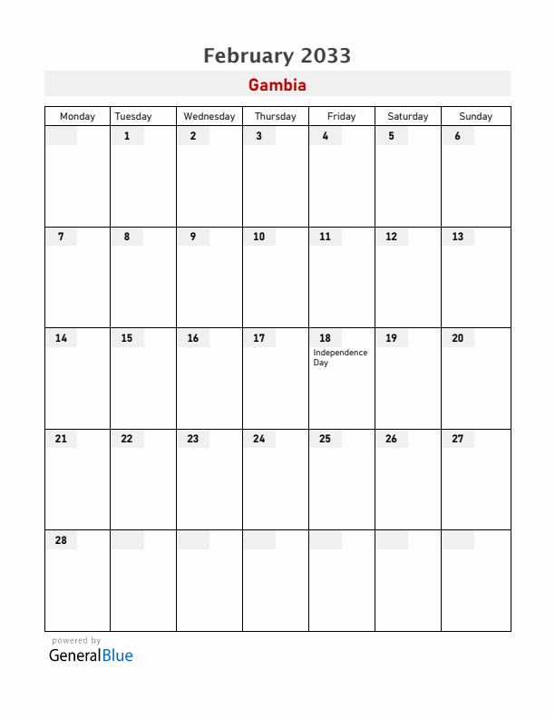 Gambia February 2033 Calendar with Holidays