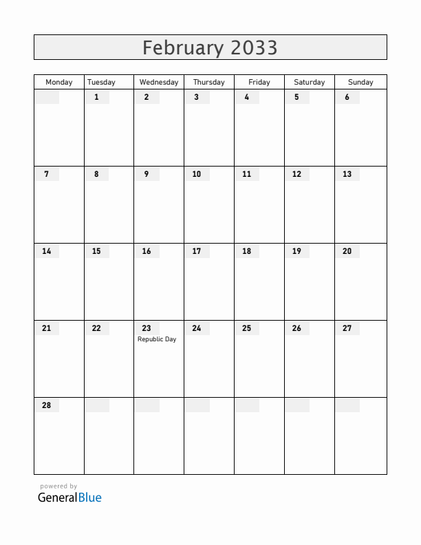 Guyana February 2033 Calendar with Holidays