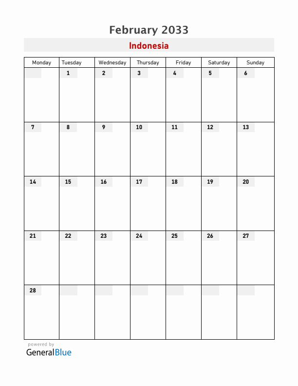 Indonesia February 2033 Calendar with Holidays