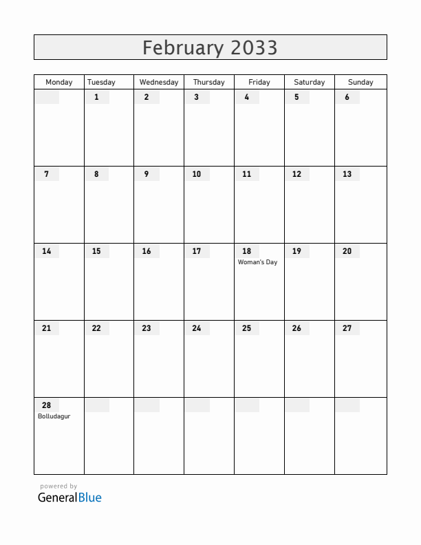 Iceland February 2033 Calendar with Holidays