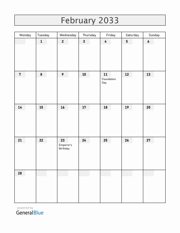 Japan February 2033 Calendar with Holidays