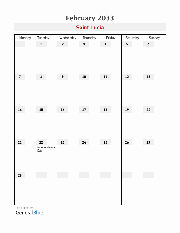 Saint Lucia February 2033 Calendar with Holidays