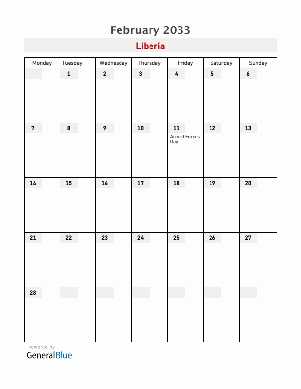 Liberia February 2033 Calendar with Holidays