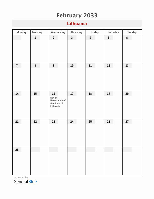 Lithuania February 2033 Calendar with Holidays