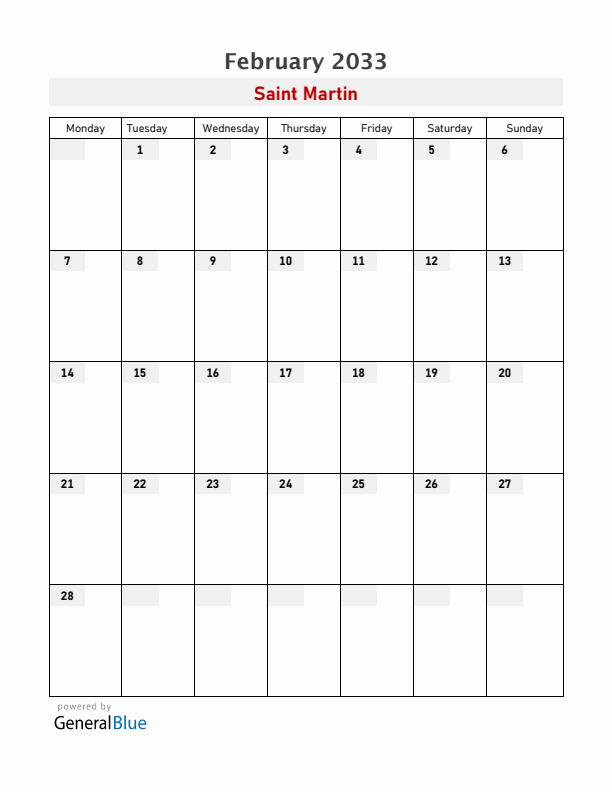 Saint Martin February 2033 Calendar with Holidays