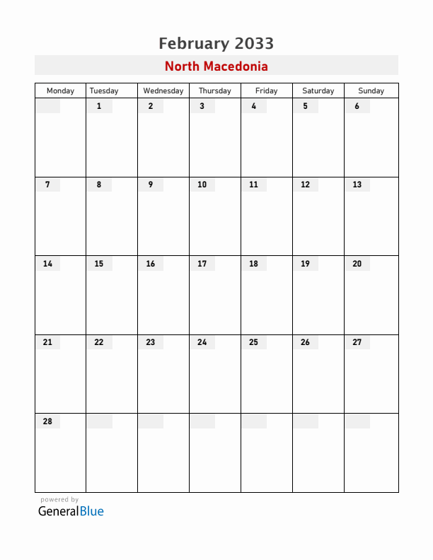North Macedonia February 2033 Calendar with Holidays