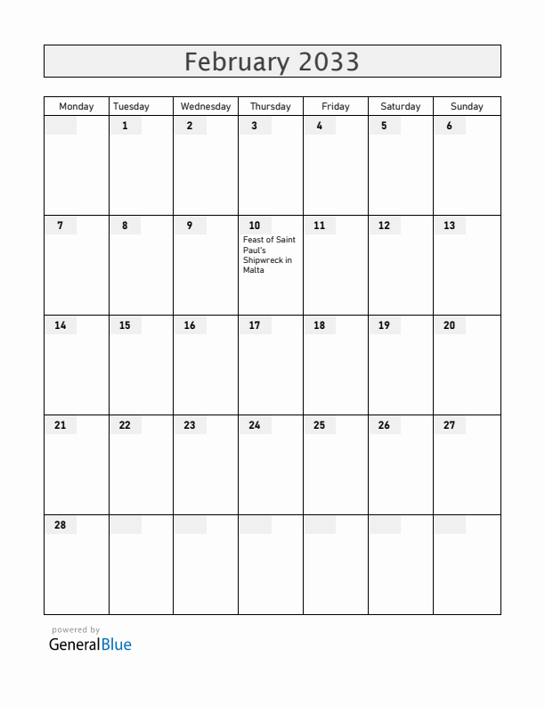 Malta February 2033 Calendar with Holidays