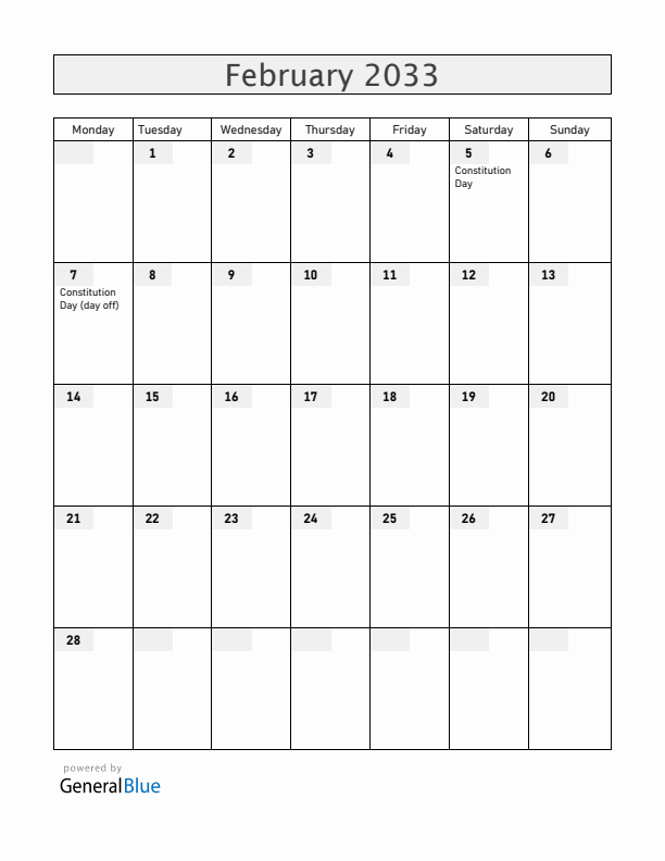 Mexico February 2033 Calendar with Holidays