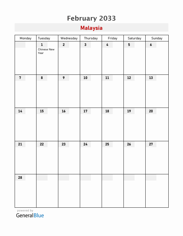 Malaysia February 2033 Calendar with Holidays