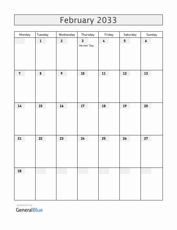 Mozambique February 2033 Calendar with Holidays
