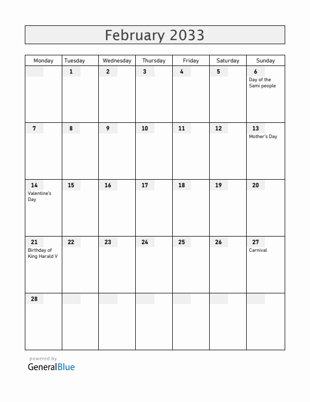 Norway February 2033 Calendar with Holidays