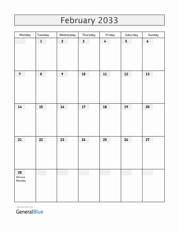 Panama February 2033 Calendar with Holidays