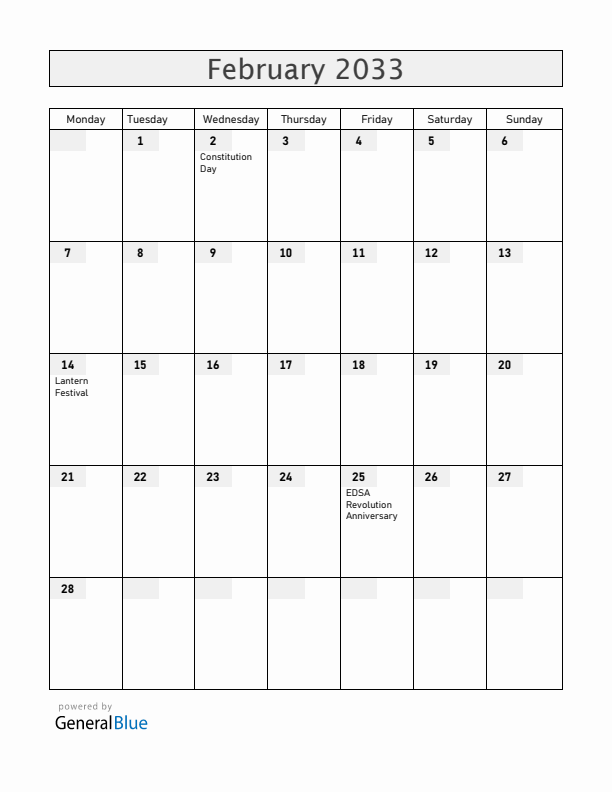 Philippines February 2033 Calendar with Holidays