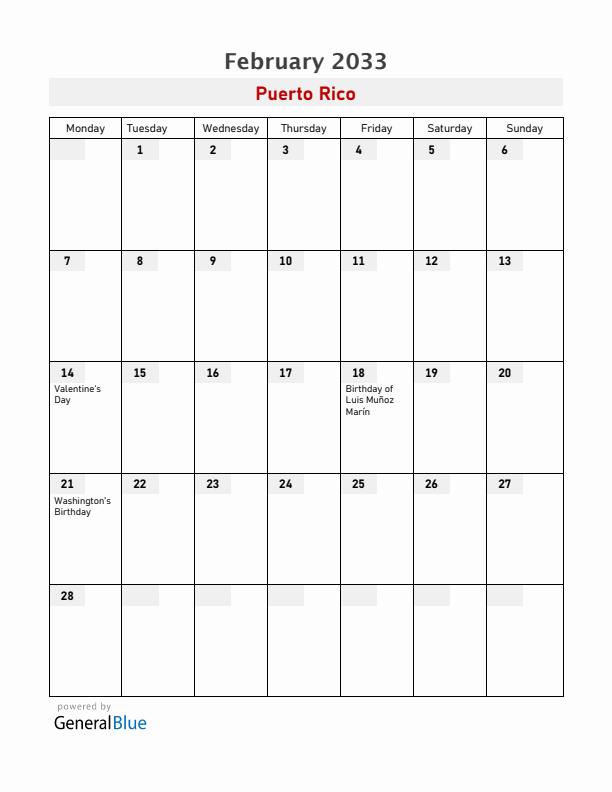 Puerto Rico February 2033 Calendar with Holidays