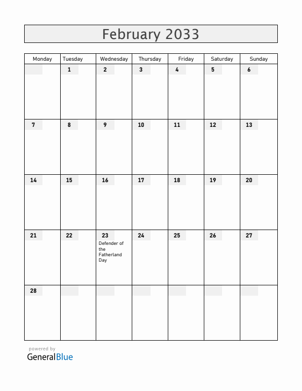 Russia February 2033 Calendar with Holidays