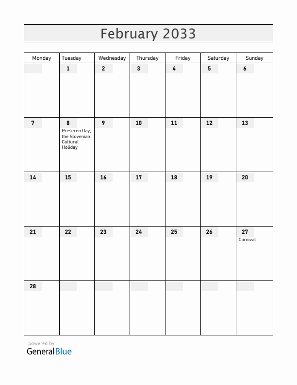 Slovenia February 2033 Calendar with Holidays