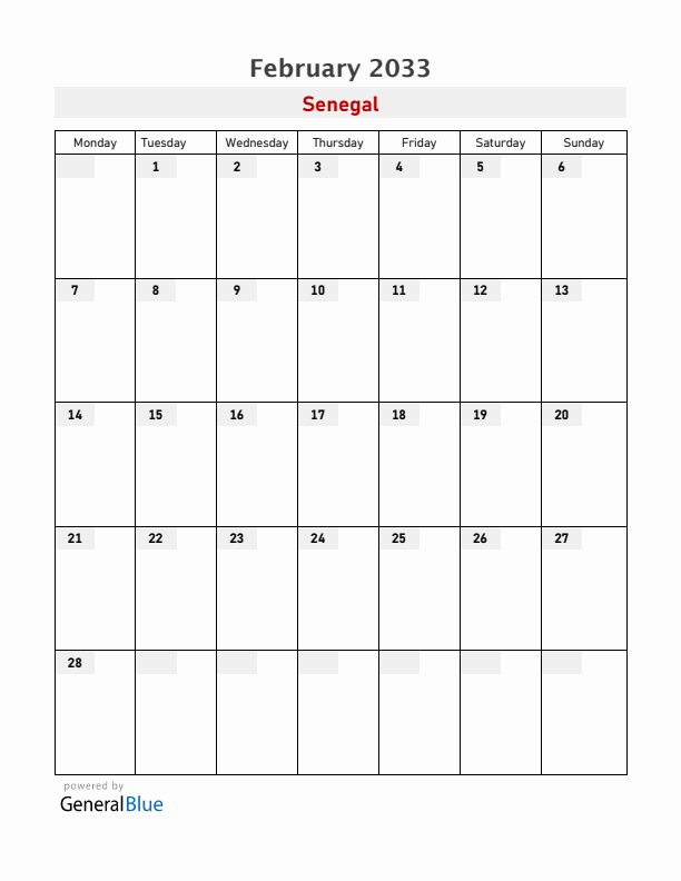 Senegal February 2033 Calendar with Holidays