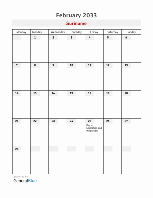 Suriname February 2033 Calendar with Holidays
