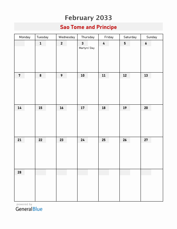 Sao Tome and Principe February 2033 Calendar with Holidays