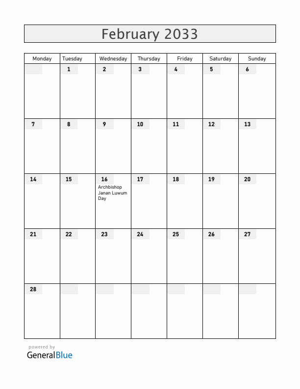 Uganda February 2033 Calendar with Holidays