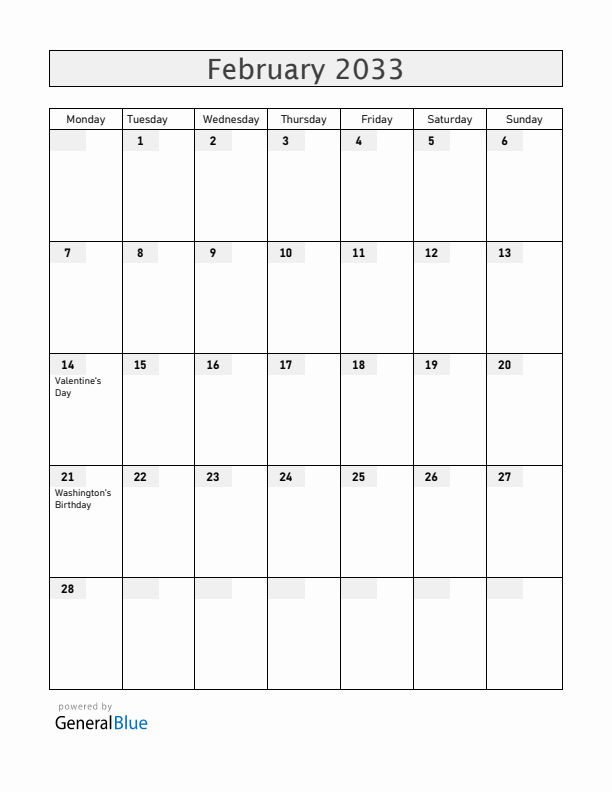 United States February 2033 Calendar with Holidays
