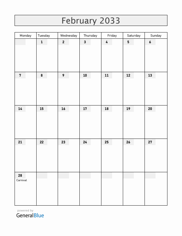Uruguay February 2033 Calendar with Holidays