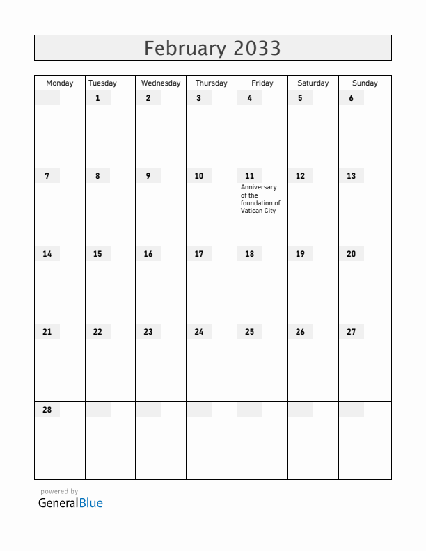 Vatican February 2033 Calendar with Holidays