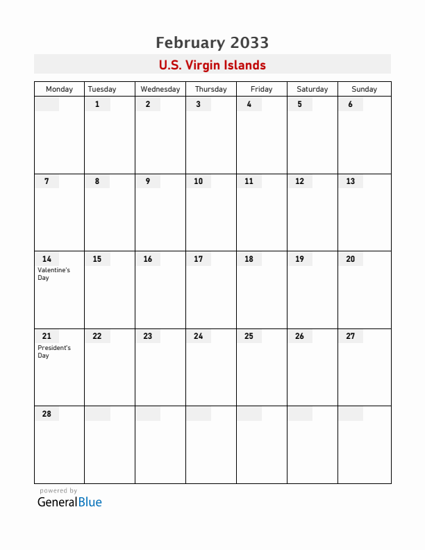 U.S. Virgin Islands February 2033 Calendar with Holidays