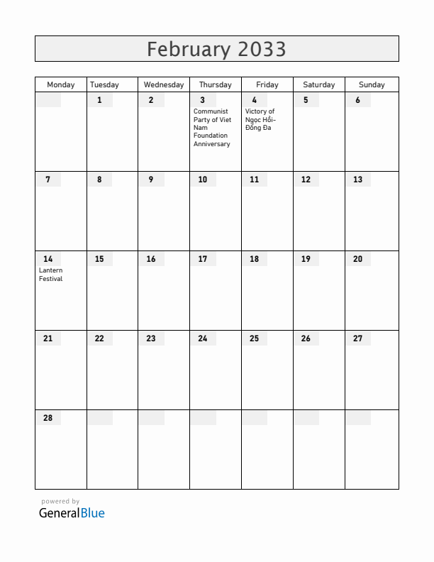 Vietnam February 2033 Calendar with Holidays