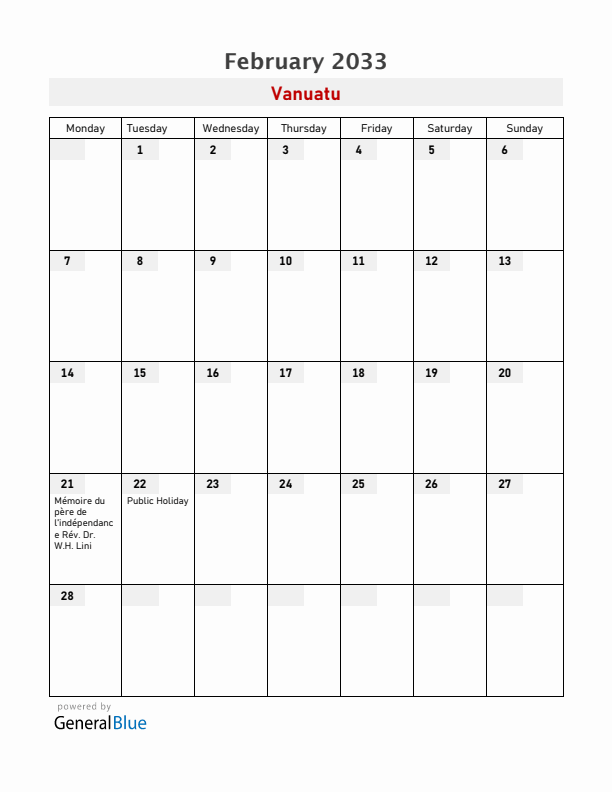 Vanuatu February 2033 Calendar with Holidays