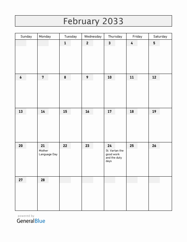 Armenia February 2033 Calendar with Holidays