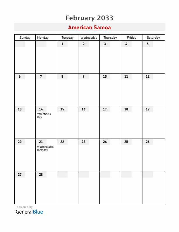 American Samoa February 2033 Calendar with Holidays