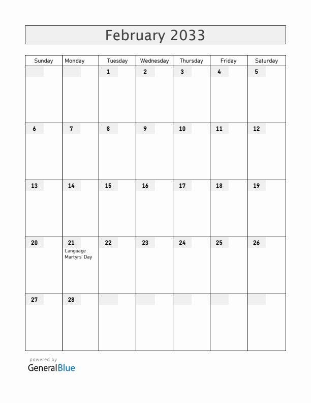 Bangladesh February 2033 Calendar with Holidays