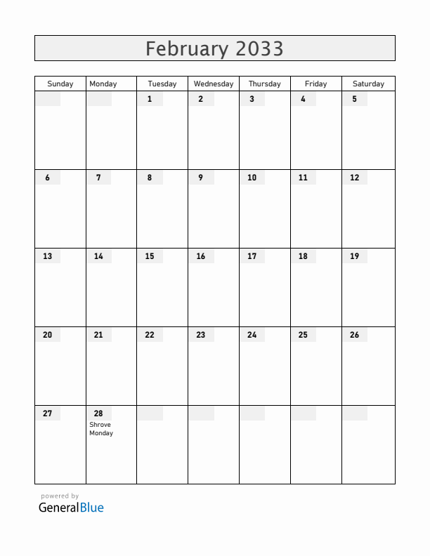 Saint Barthelemy February 2033 Calendar with Holidays