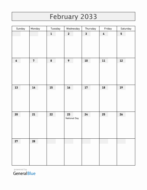 Brunei February 2033 Calendar with Holidays