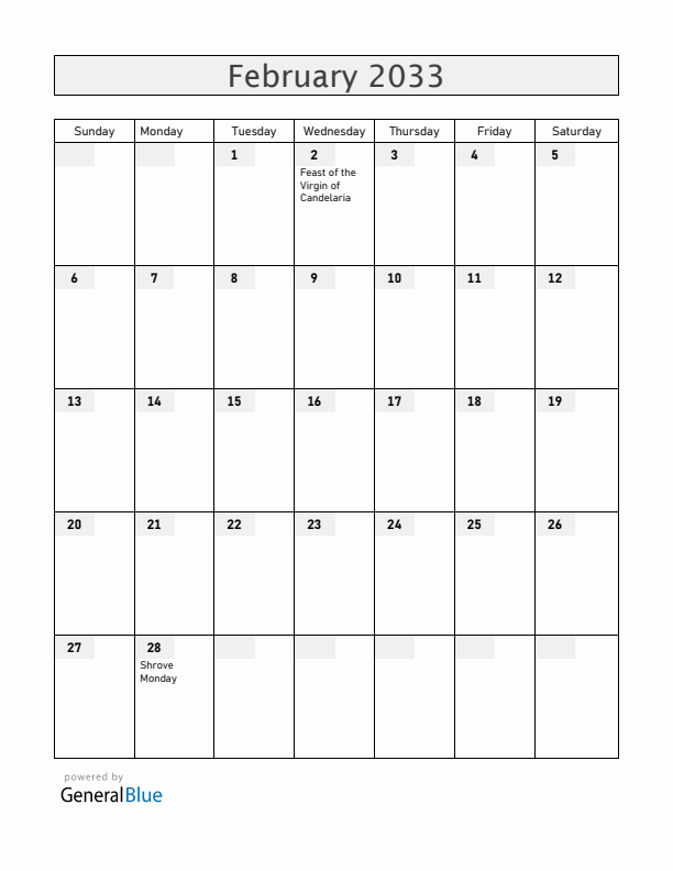 Bolivia February 2033 Calendar with Holidays