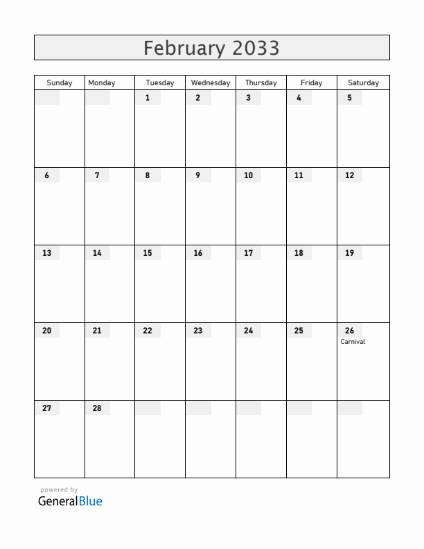 Brazil February 2033 Calendar with Holidays