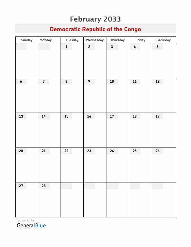 Democratic Republic of the Congo February 2033 Calendar with Holidays