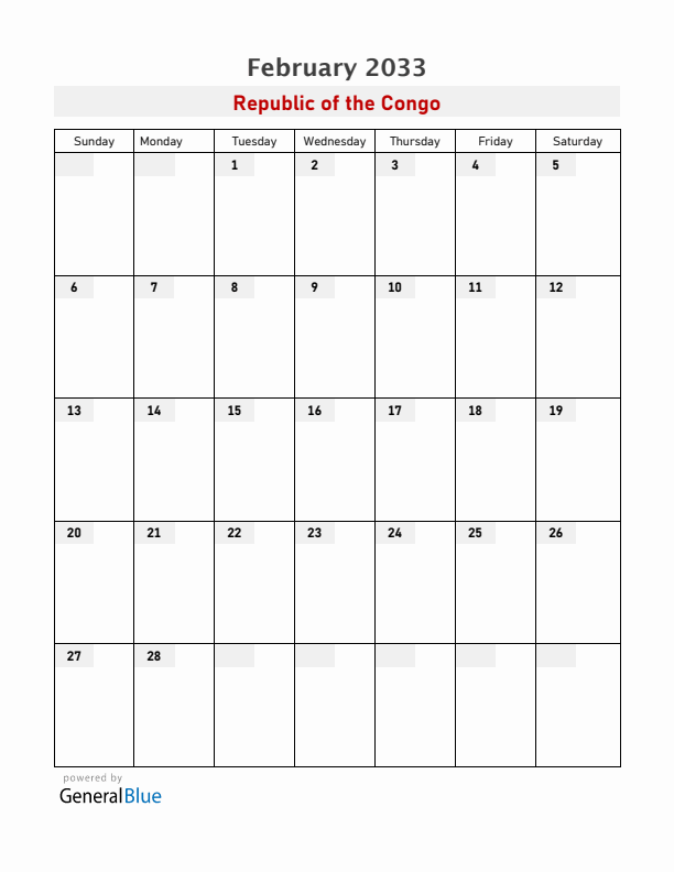 Republic of the Congo February 2033 Calendar with Holidays