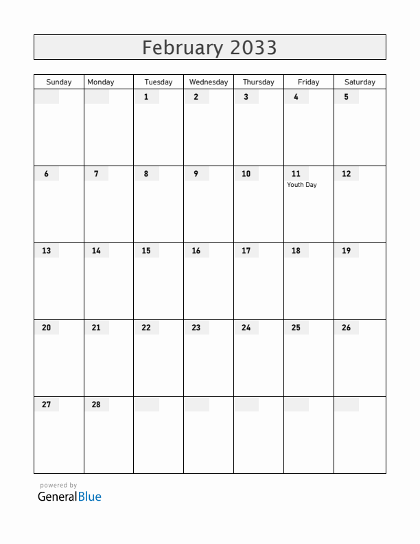 Cameroon February 2033 Calendar with Holidays