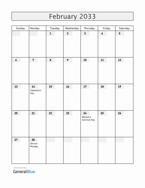 Germany February 2033 Calendar with Holidays