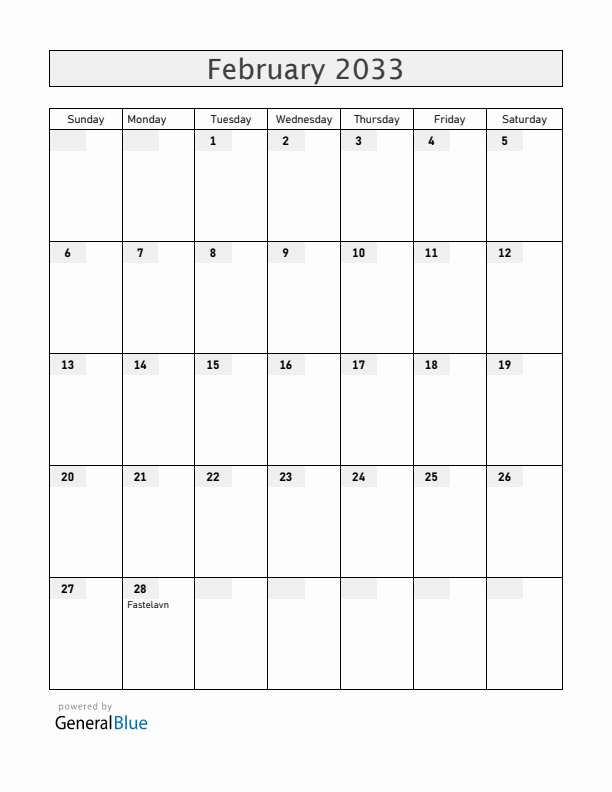 Denmark February 2033 Calendar with Holidays