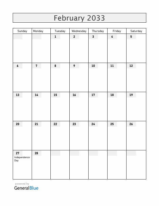 Dominican Republic February 2033 Calendar with Holidays