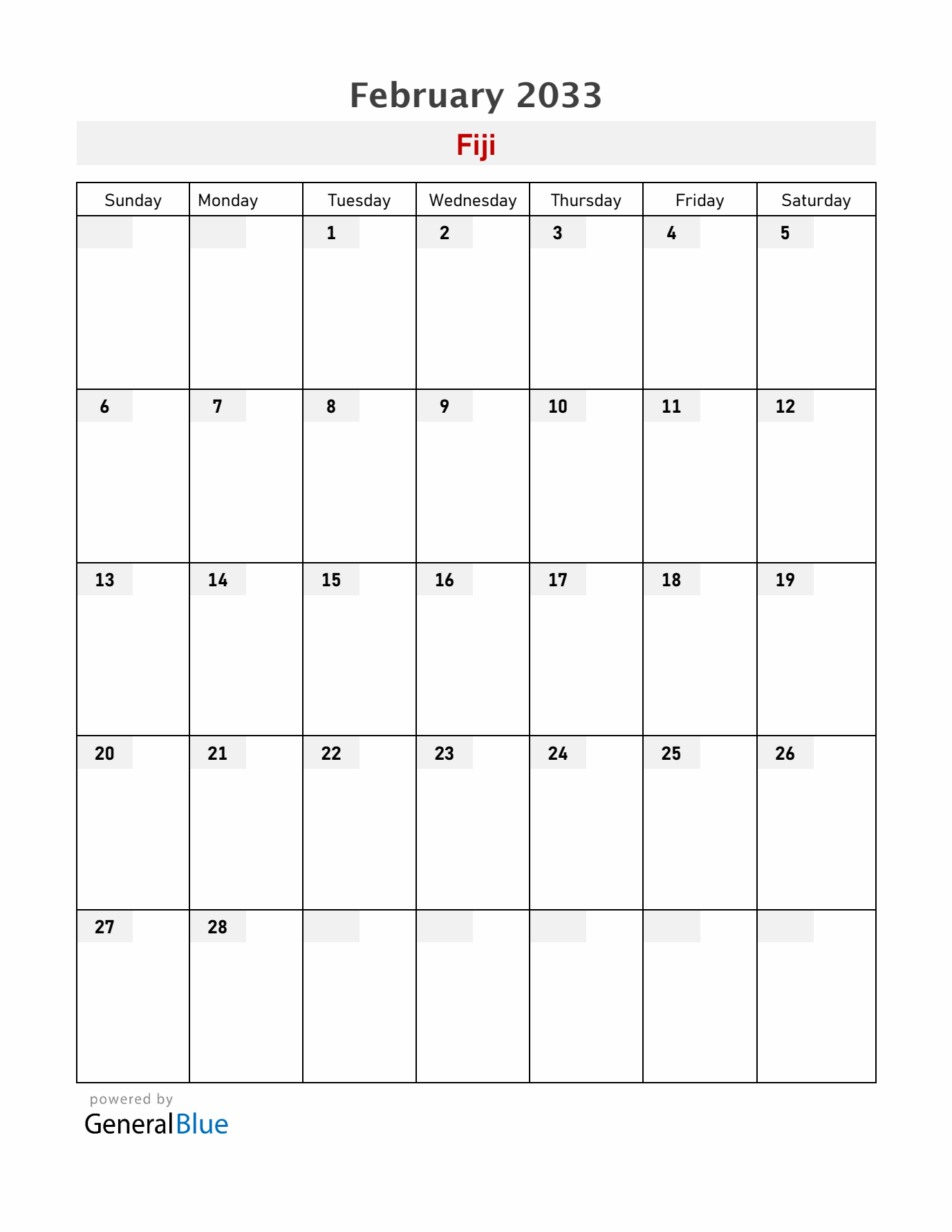 Fiji February 2033 Calendar with Holidays