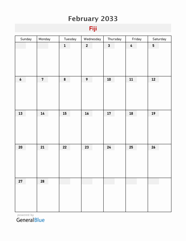 Fiji February 2033 Calendar with Holidays