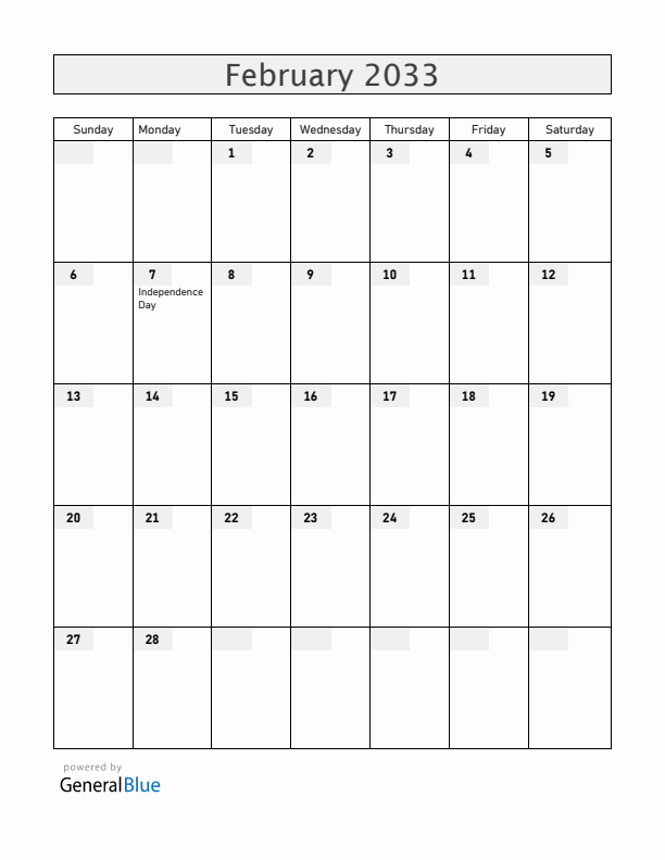 Grenada February 2033 Calendar with Holidays