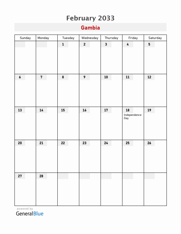 Gambia February 2033 Calendar with Holidays