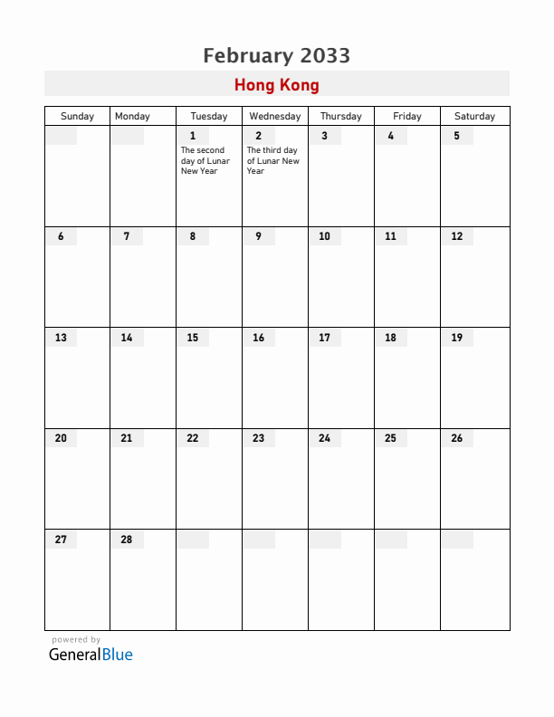 Hong Kong February 2033 Calendar with Holidays